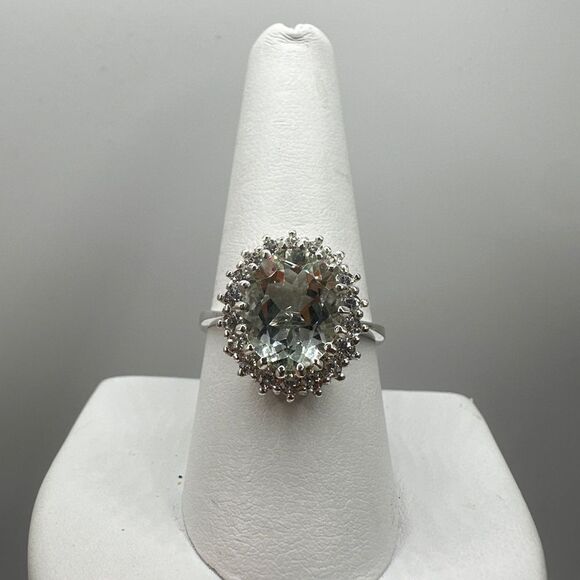 NWOT 9x12 oval cut Prasiolite w/ halo of cz diamonds in sterling silver ring! - Picture 1 of 11